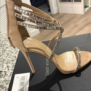 Jennifer Lopez Beige Strappy Heels with Rhinestones